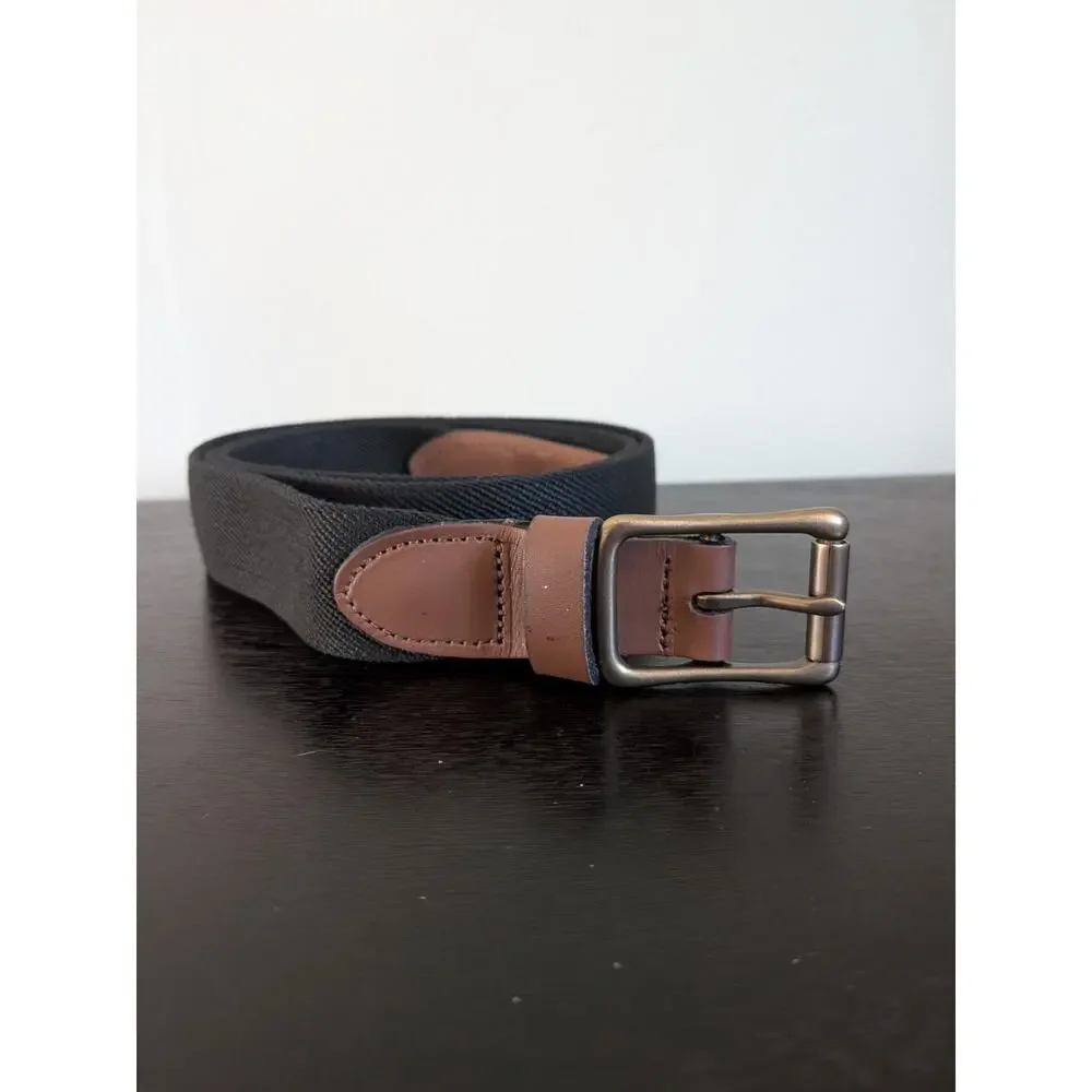 Lands' End Men's Stretch Belt Size 44 Black Elastic Cognac Leather Buckle